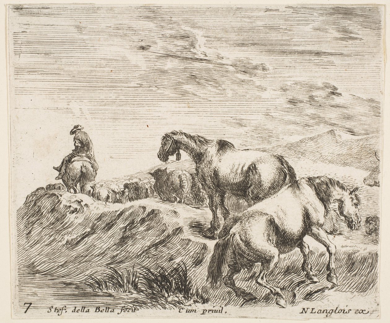Ilustração 7: dois cavalos subindo a margem de um rio à direita, seguindo uma procissão ..., ca. 1644-47. de Stefano della Bella