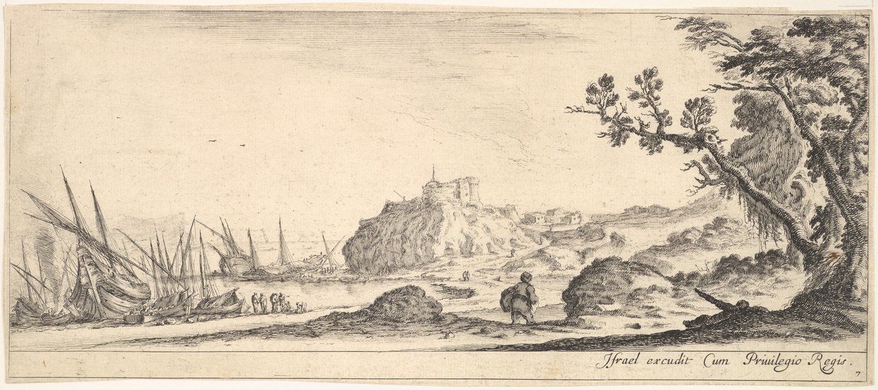 Ilustração 7: vários barcos na praia para a esquerda, um homem carregando uma sacola, vista de trás e wa ..., ca. 1641 de Stefano della Bella