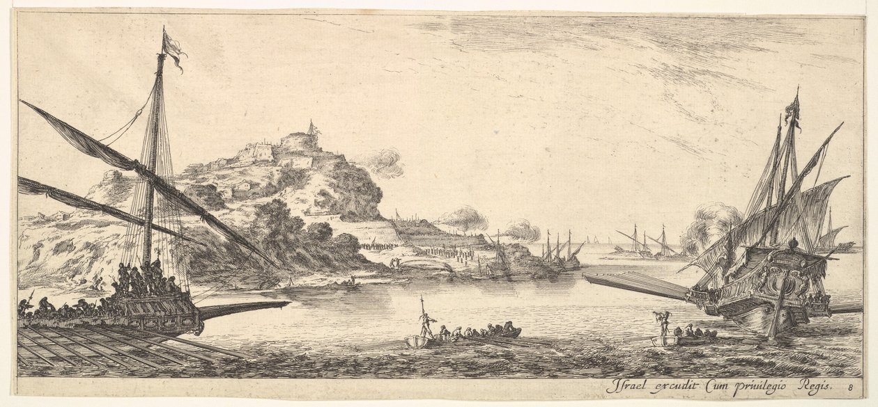Ilustração 8: Um arco de uma galera à esquerda e outra à direita, vista de trás ..., ca. 1641 de Stefano della Bella