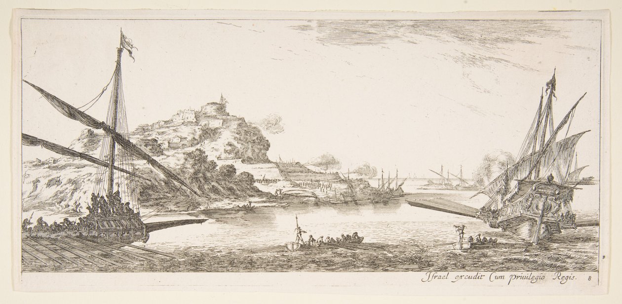 Ilustração 8: Um arco de uma galera à esquerda e outra à direita, vista de trás ..., ca. 1641 de Stefano della Bella