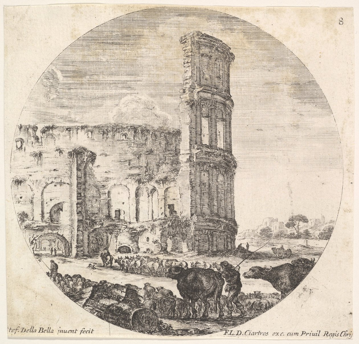 Ilustração 8: o Coliseu, dois rebanhos sendo direcionados para o anfiteatro na fo ..., ca. 1643-48. de Stefano della Bella