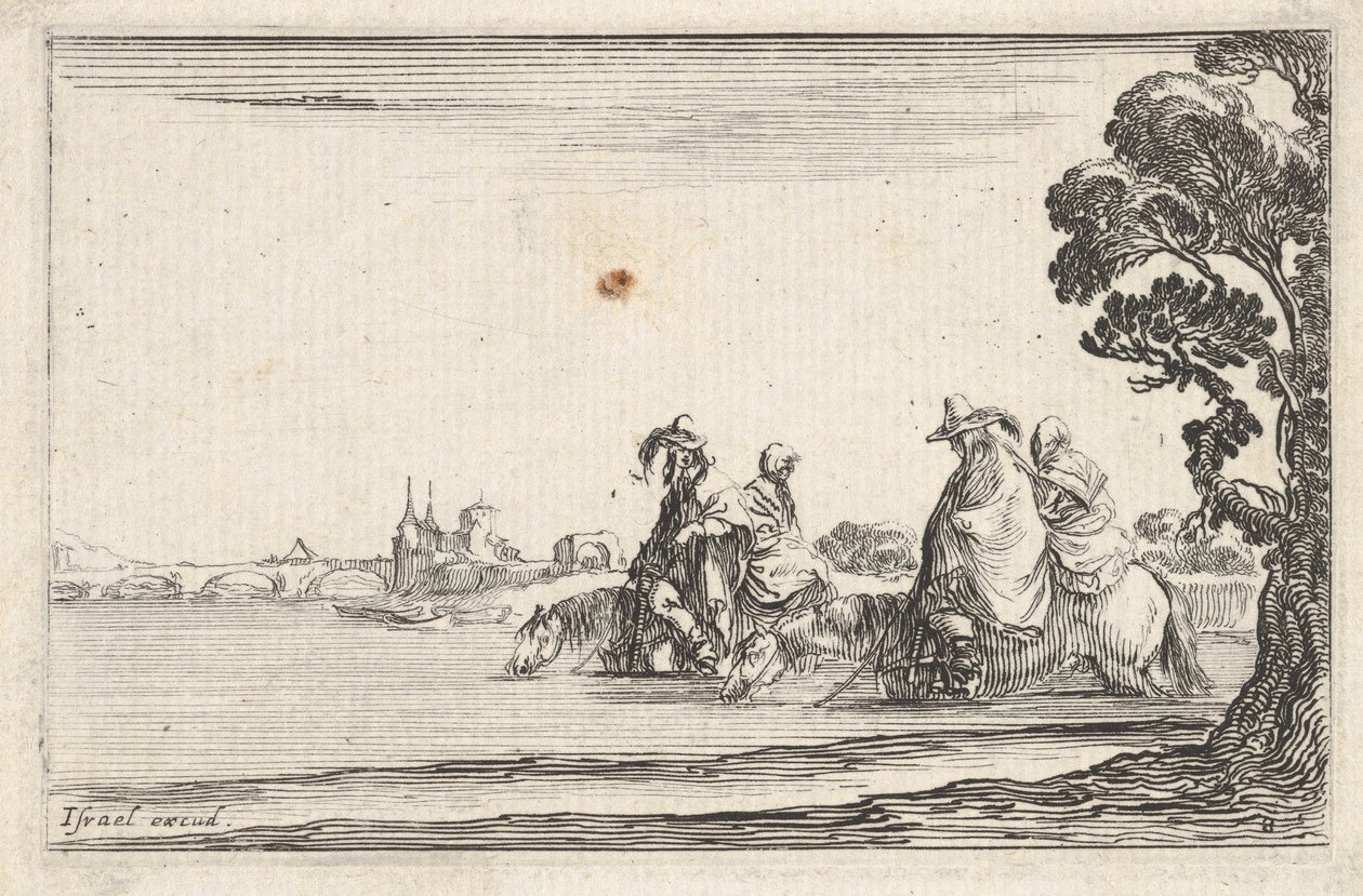 Placa 8: dois cavaleiros de chapéu à direita, cada um com uma mulher sentada atrás deles, cavalgando t..., ca. 1642. de Stefano della Bella
