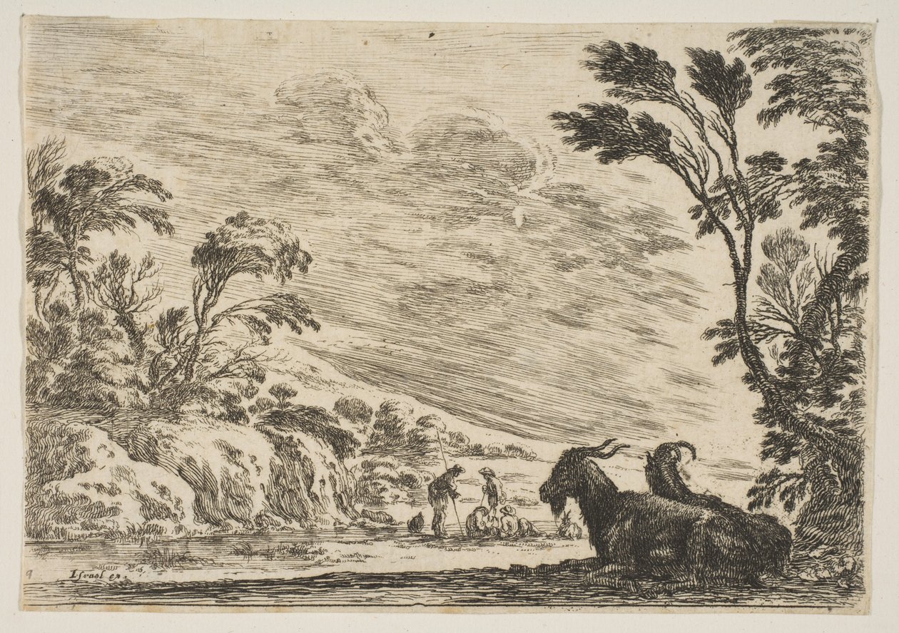 Ilustração 9: Duas cabras descansando para a direita, viradas para a esquerda, quatro homens e um cavalo em uma ri ..., 1642. de Stefano della Bella