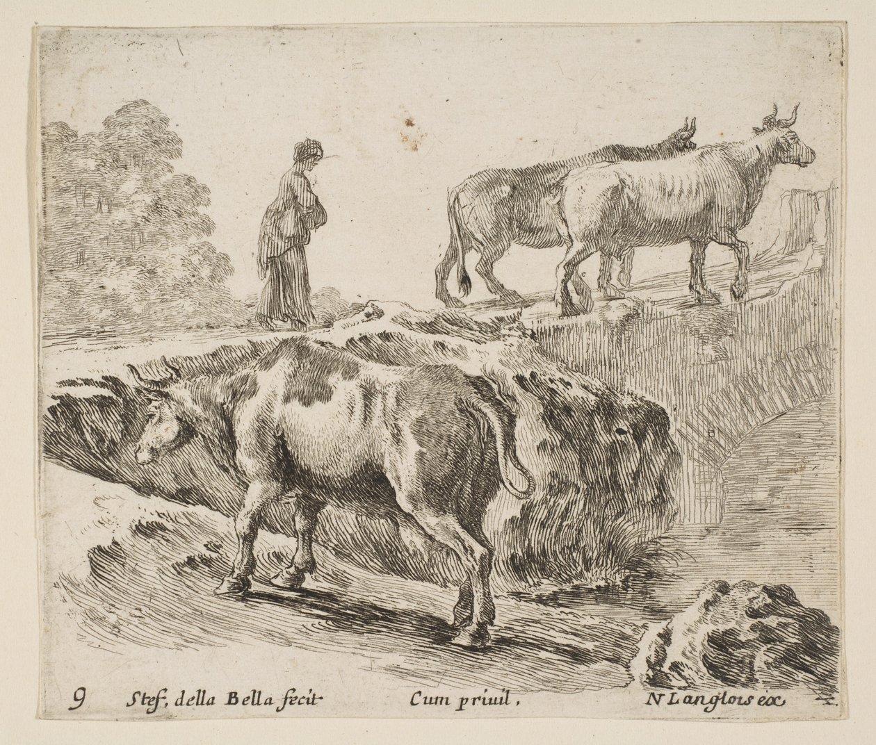 Placa 9: uma vaca a subir um banco, uma camponesa a conduzir duas vacas através de uma ponte i..., ca. 1644-47. de Stefano della Bella