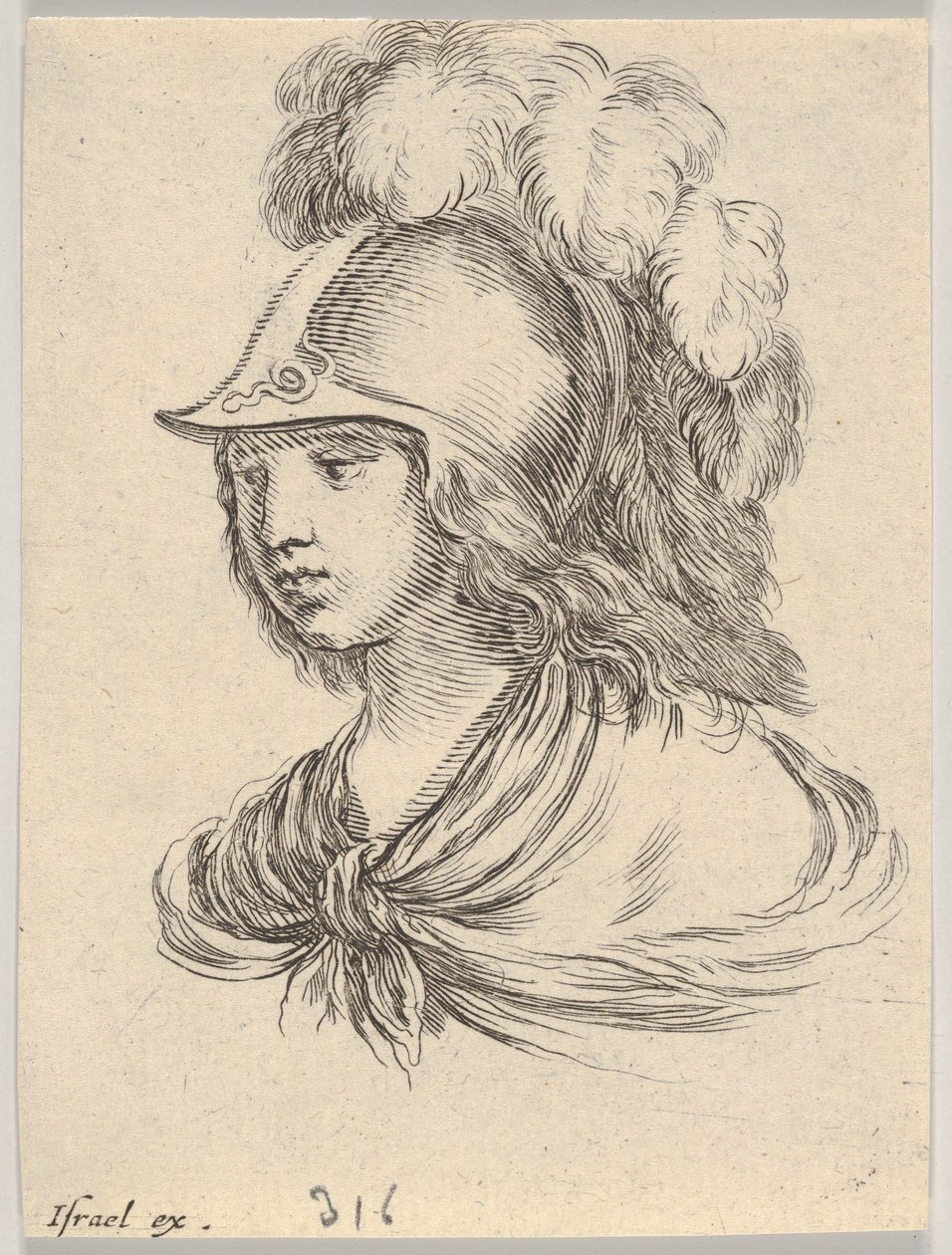Ilustração 9: busto de Minerva, usando um capacete com penas, olhando para a esquerda, a partir de ..., 1650. de Stefano della Bella