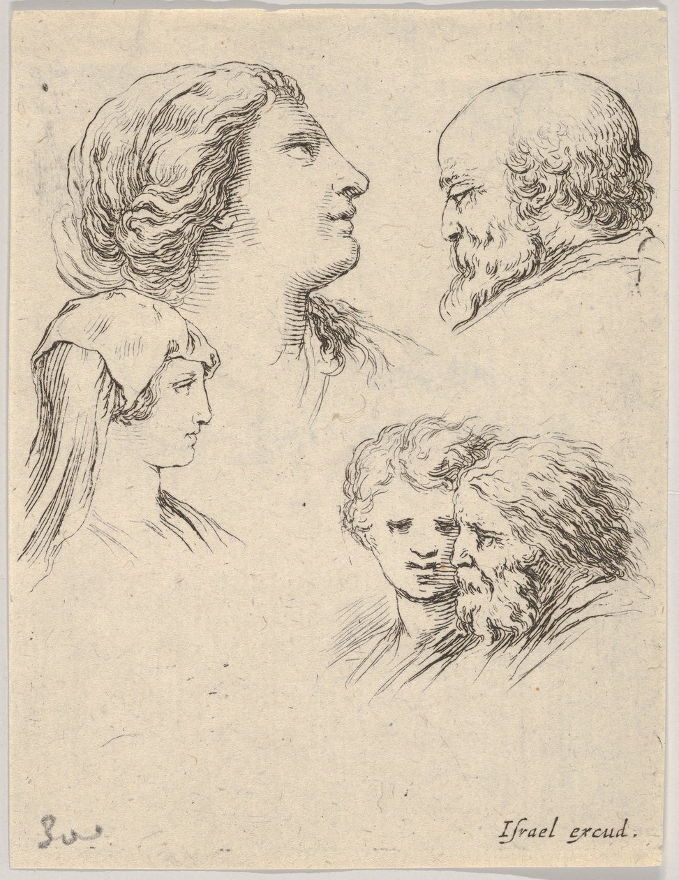 Ilustração 9: cinco cabeças, duas moças à esquerda, um homem barbudo no canto superior direito, uma moça ..., ca. 1649 de Stefano della Bella