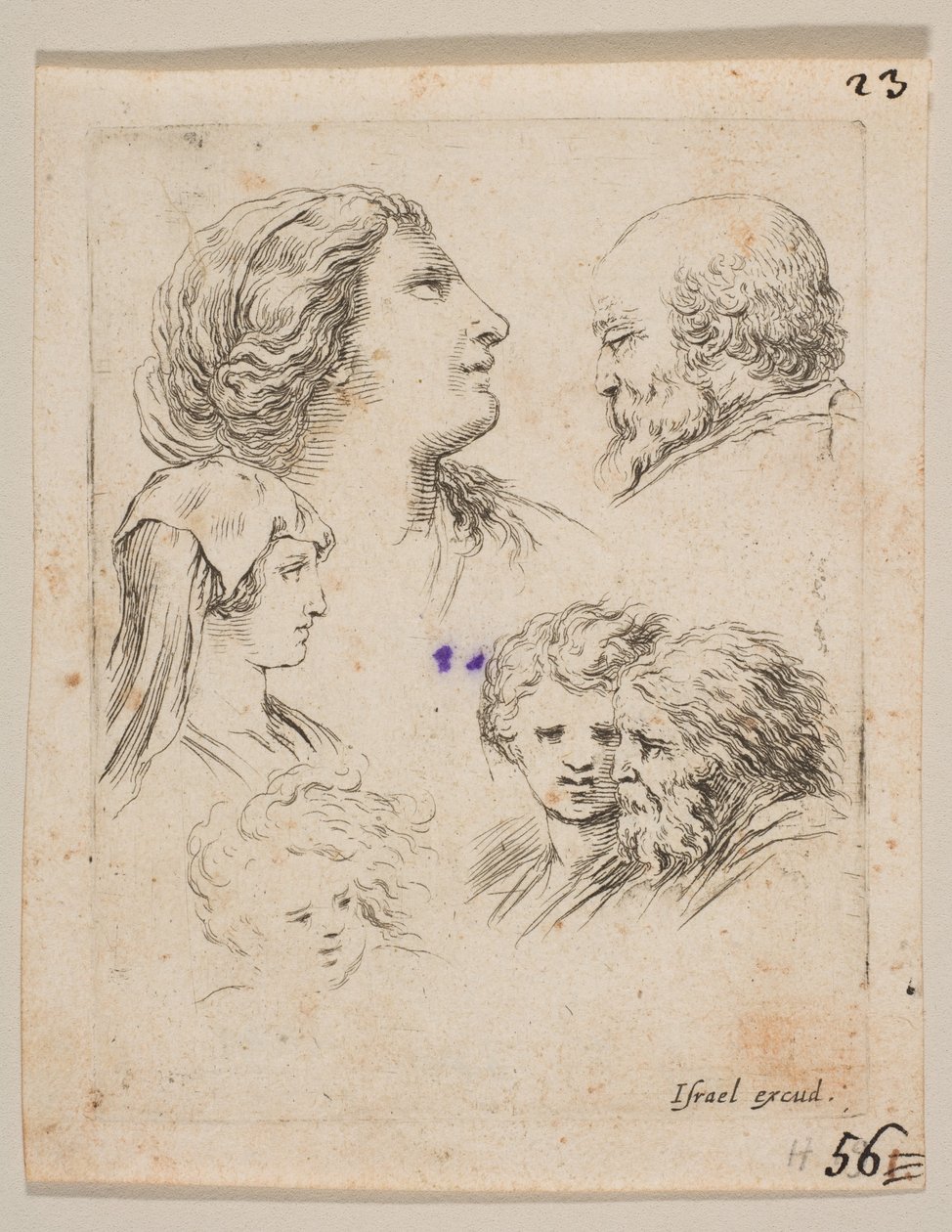 Ilustração 9: cinco cabeças, duas moças à esquerda, um homem barbudo no canto superior direito, uma moça ..., ca. 1649 de Stefano della Bella
