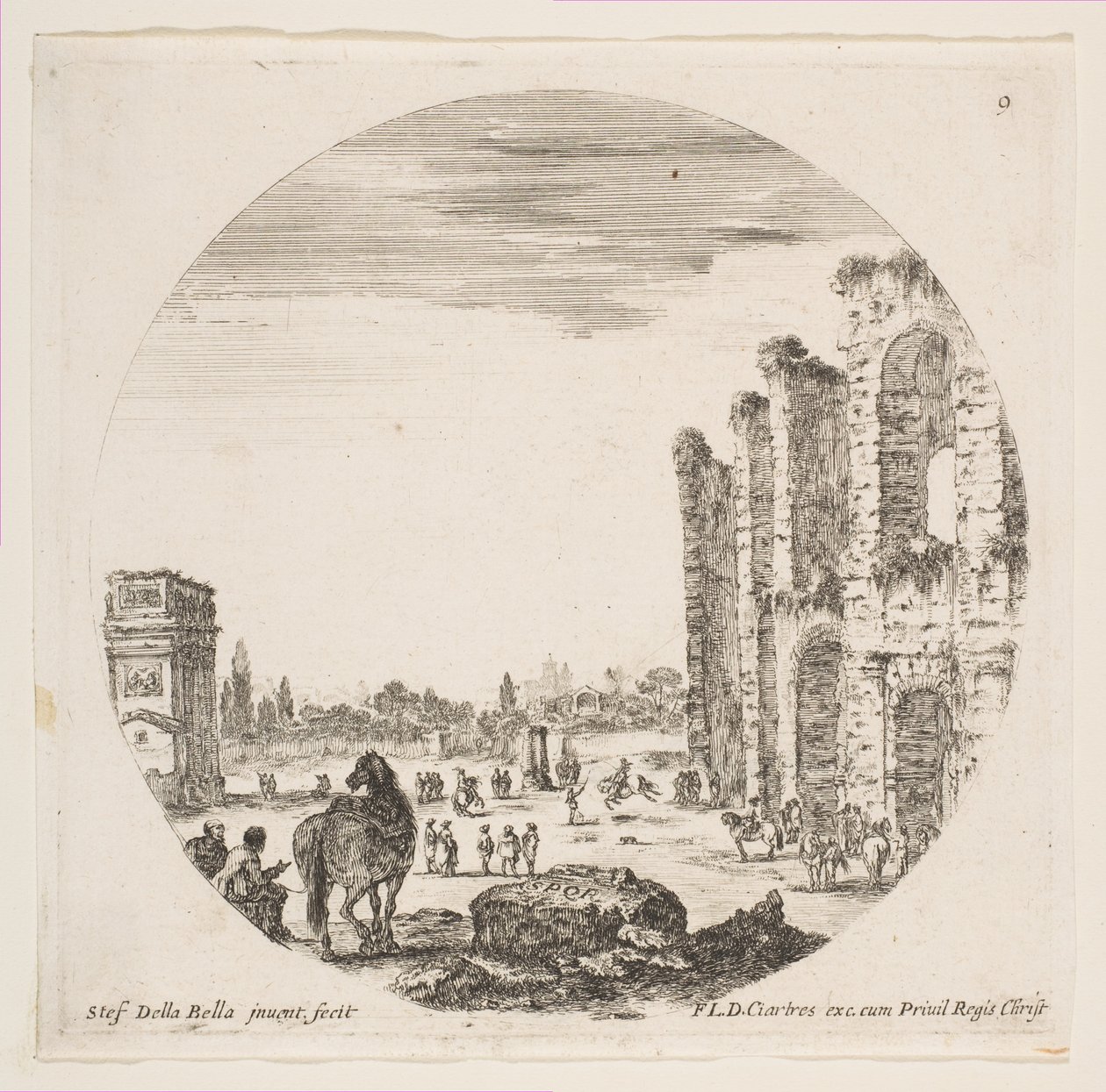 Ilustração 9: o Arco de Constantino à esquerda, parte do Coliseu à direita, vários hors ..., ca. 1646 de Stefano della Bella