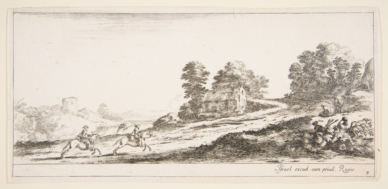 Ilustração 9: dois cavaleiros à esquerda galopando subindo em direção à direita, um cavalo e sentado ..., ca. 1641 de Stefano della Bella