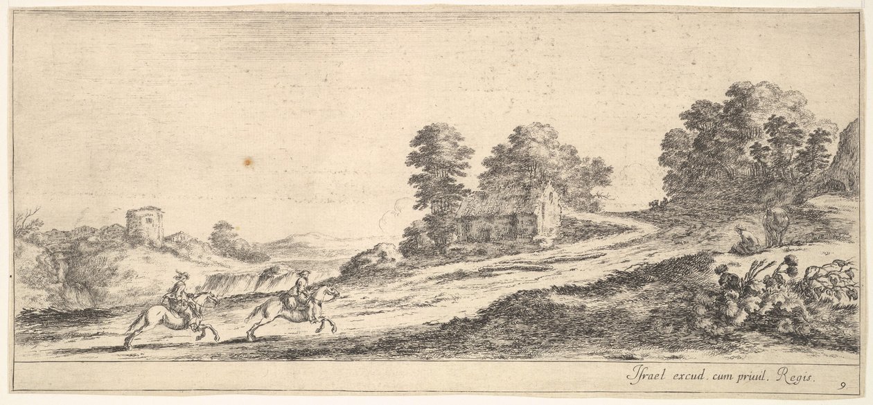 Ilustração 9: dois cavaleiros à esquerda galopando subindo em direção à direita, um cavalo e sentado ..., ca. 1641 de Stefano della Bella