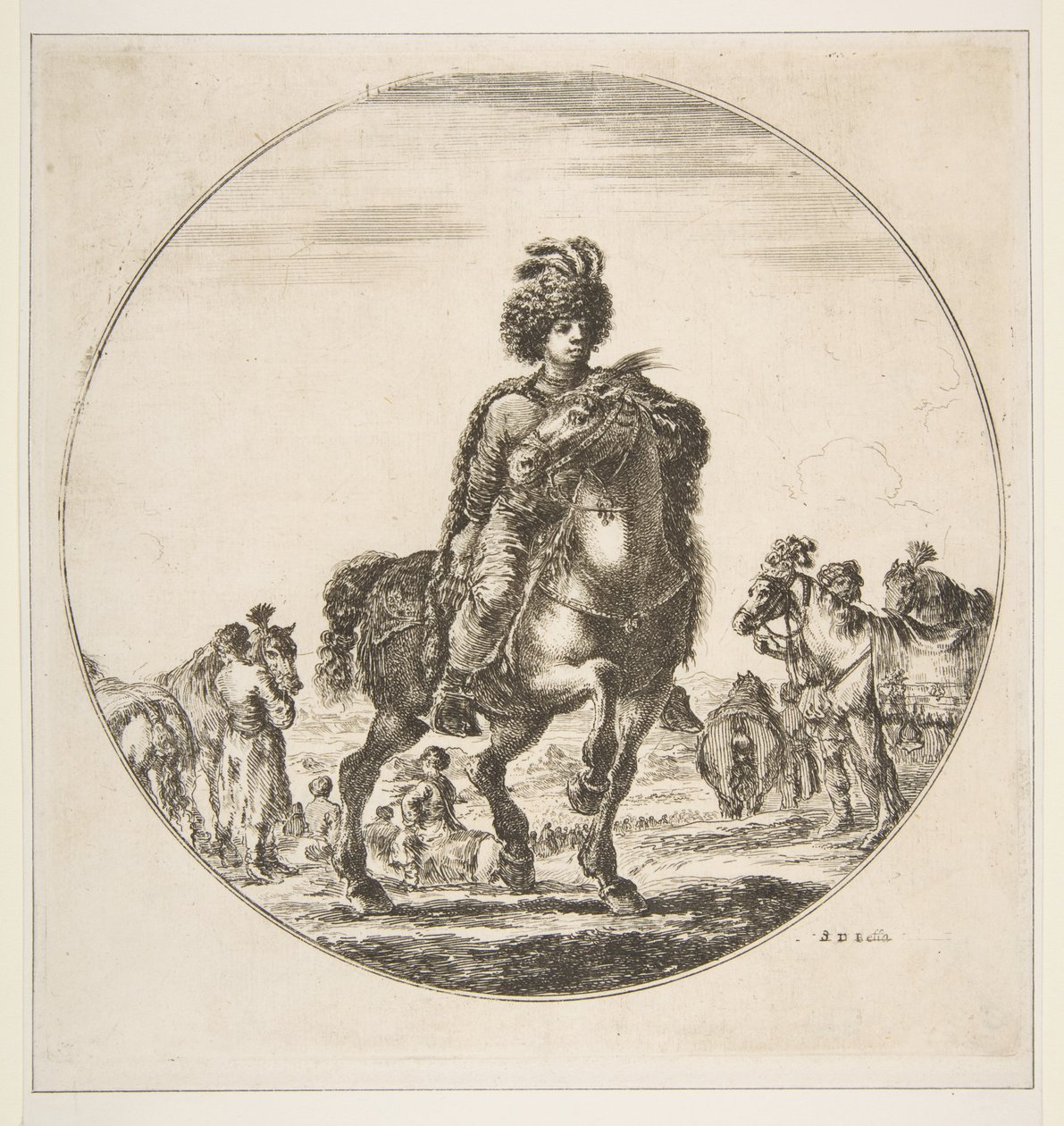 Cavaleiro polonês voltado para a direita, uma composição circular, de Figures on Horseback Cav ..., ca. 1651 de Stefano della Bella