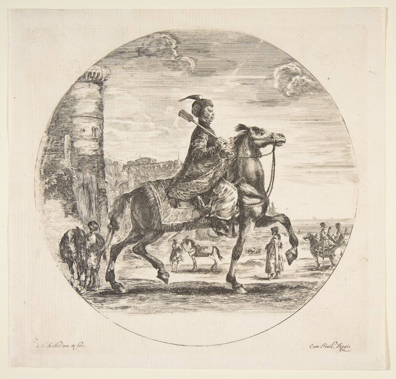 Cavaleiro polonês no perfil voltado para a direita, uma torre e outras figuras sobre cavalos no est ..., ca. 1651 de Stefano della Bella