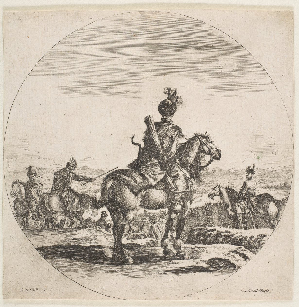 Cavaleiro polonês com arco e flecha, visto por trás com o cavalo voltado para a direita, ... ca. 1651 de Stefano della Bella