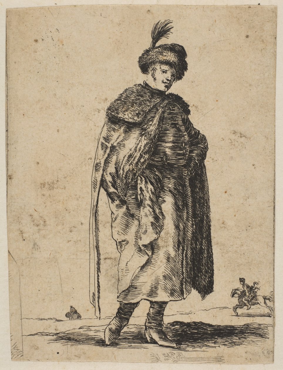Polonês com um bigode vestindo um casaco de pele e um chapéu com uma pena, ca. 1648 de Stefano della Bella
