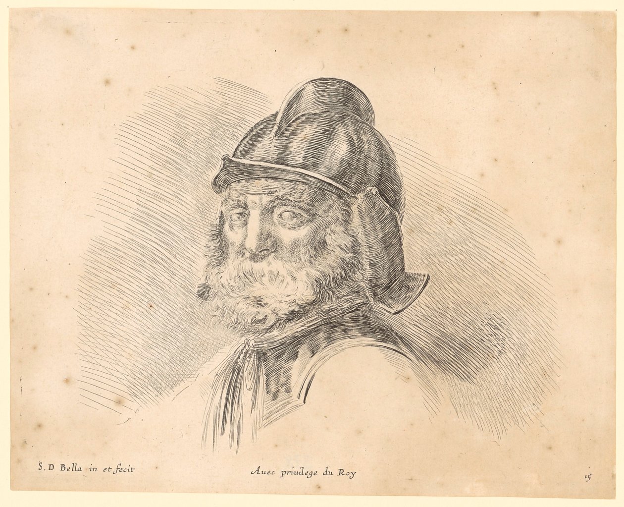 Retrato de um homem barbudo com capacete, de perfil de três quartos para a esquerda de Stefano della Bella