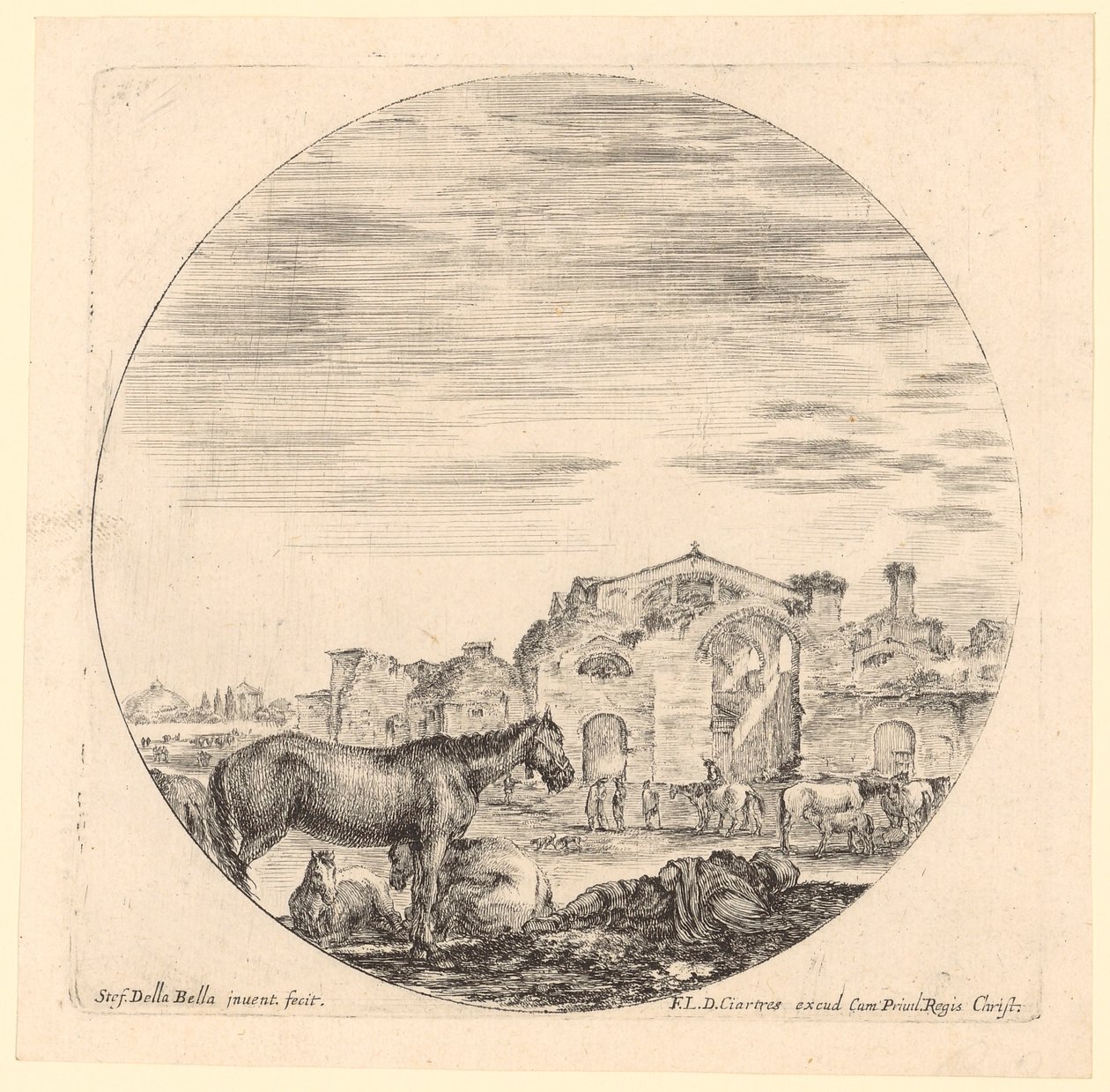 Pastor em repouso com cavalos junto às Termas de Diocleciano de Stefano della Bella