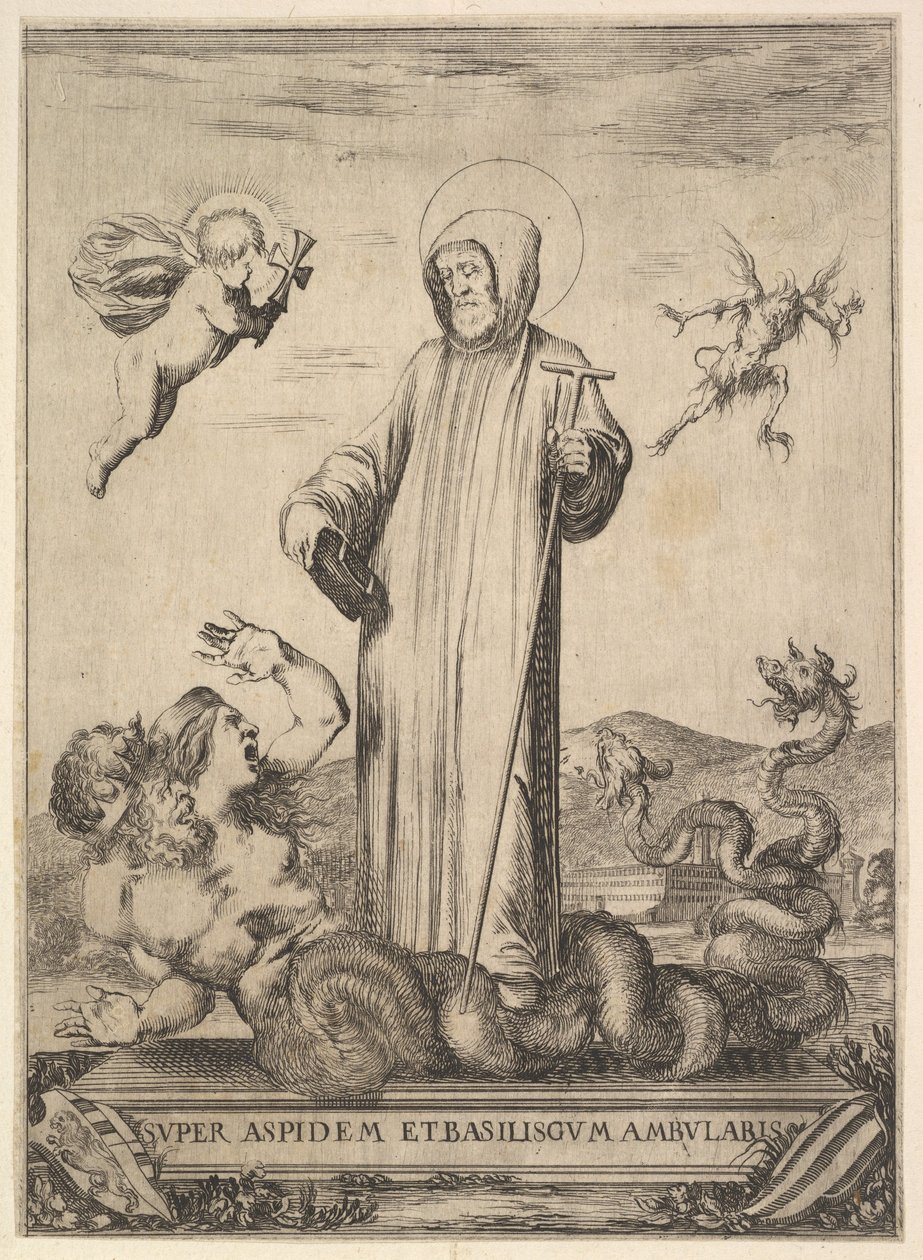 Saint Jean Gualbert pisoteando um monstro com duas cabeças humanas e um corpo serpentino, um flyi ..., 1640. de Stefano della Bella