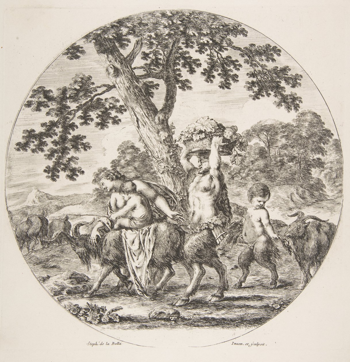Família Sátiro caminhando para a esquerda com duas cabras e uma cesta de uvas, ca. 1657 de Stefano della Bella