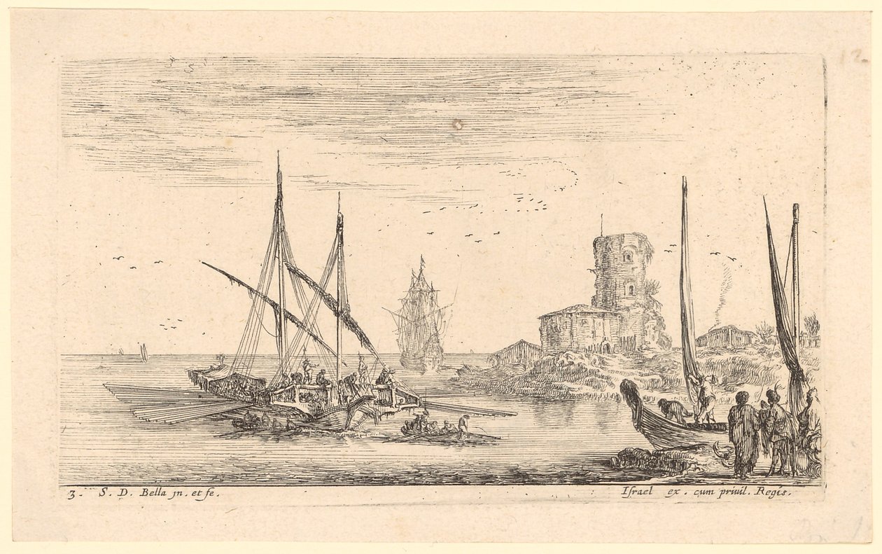 Paisagem marítima com vários navios e uma torre antiga na praia de Stefano della Bella