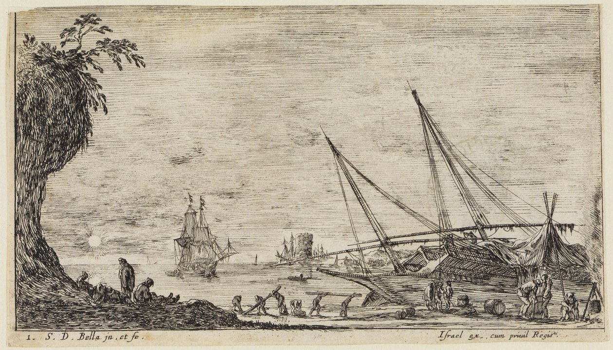 Paisagens marítimas (Paysages maritimes): Porto marítimo com marinheiros e trabalhadores a transportar troncos de madeira de Stefano della Bella