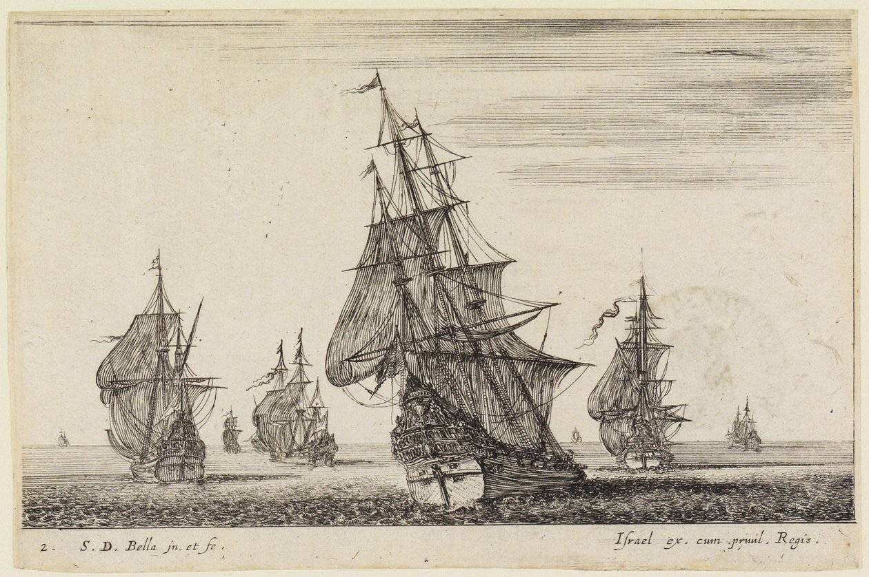 Paisagens marítimas (Paysages maritimes): navio a içar as velas em primeiro plano, outros navios ao fundo de Stefano della Bella