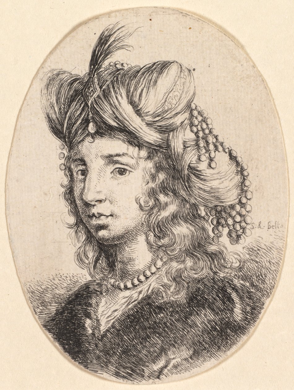 Várias cabeças no estilo persa: Retrato, Sultana com colar de pérolas e turbante de Stefano della Bella