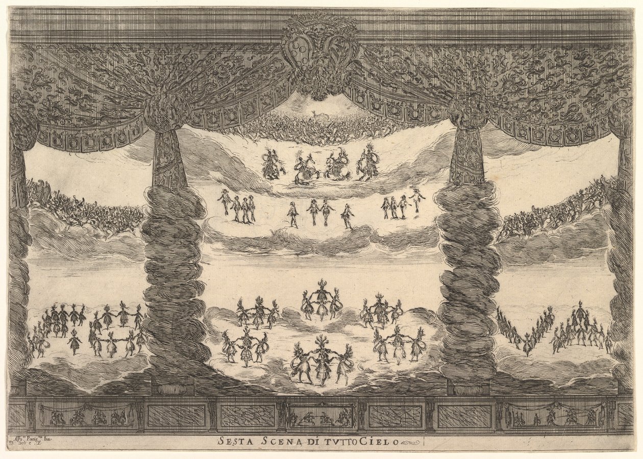 Sexta cena, os céus, de O casamento dos deuses Le nozze degli Dei, 1637. de Stefano della Bella