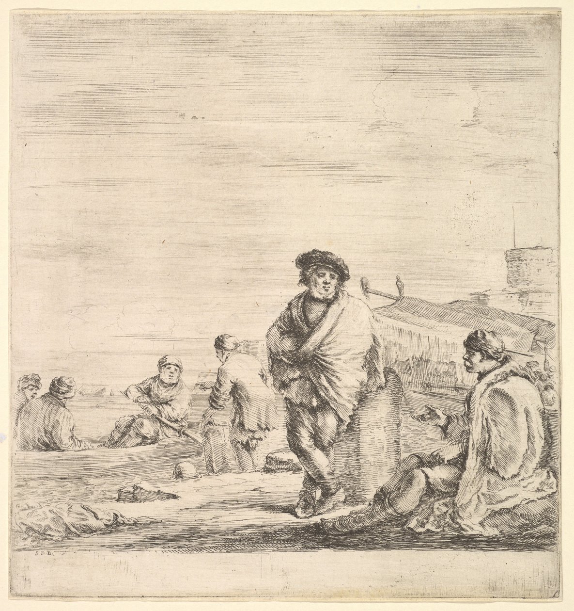 Marinheiro de pé no centro conversando com um Levantine sentado à esquerda, visto em perfil ..., ca. 1658-63. de Stefano della Bella
