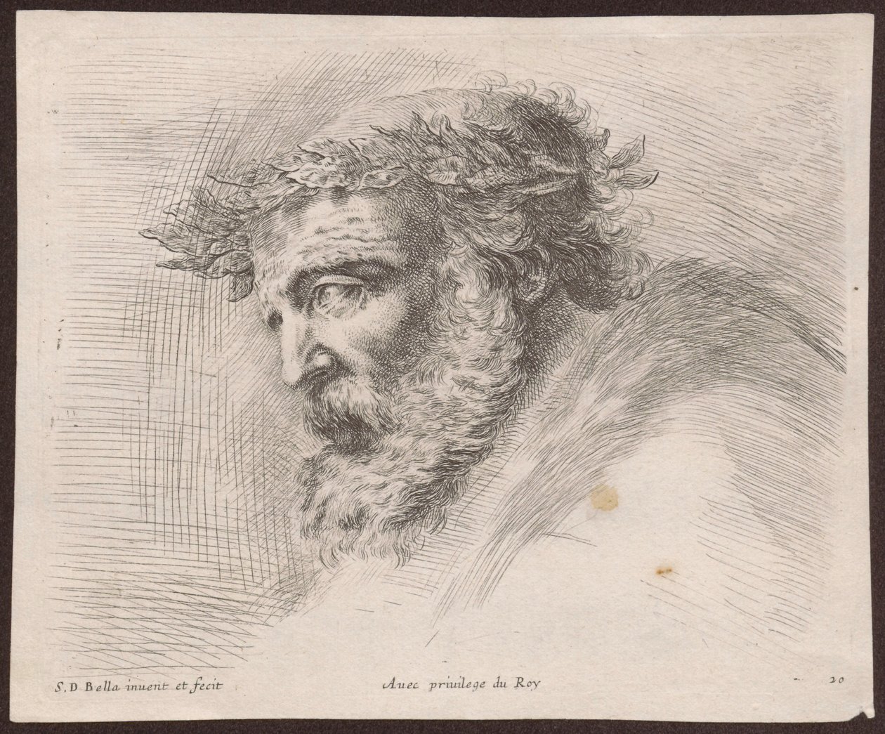 Estudo da cabeça de um ancião barbudo com uma coroa de louros, de perfil, voltada para a esquerda, do ciclo «Principii del disegno» de Stefano della Bella