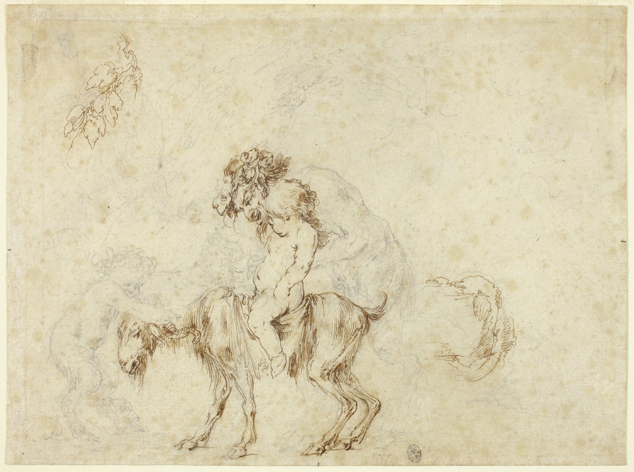 Estudo para Caminhada em Família Satyr (reto); Esboços de cinco vasos decorativos (verso) de Stefano della Bella