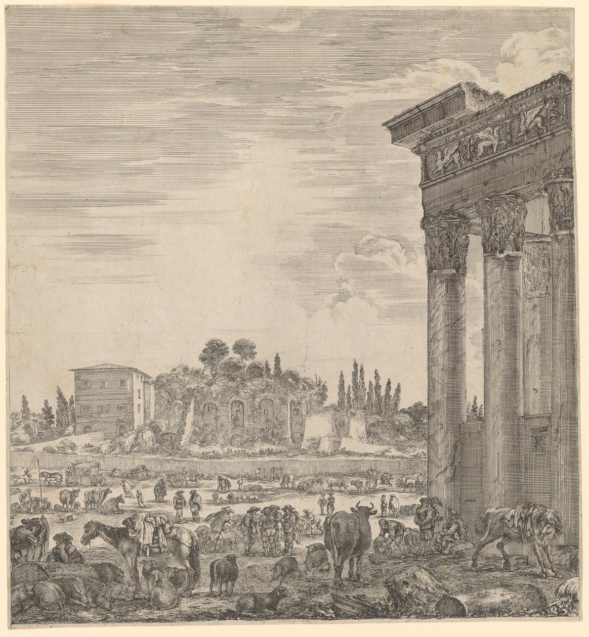 Templo de Antonino Pio e Faustina e o Campo Vaccino de Stefano della Bella