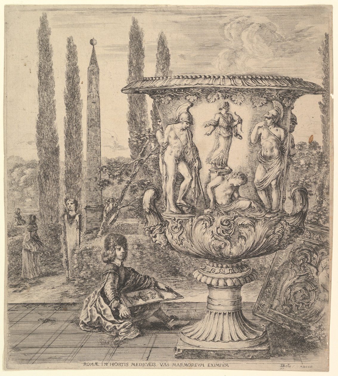 O vaso Medici, um vaso grande à direita, decorado com uma representação do sacrifício de ..., 1656. de Stefano della Bella