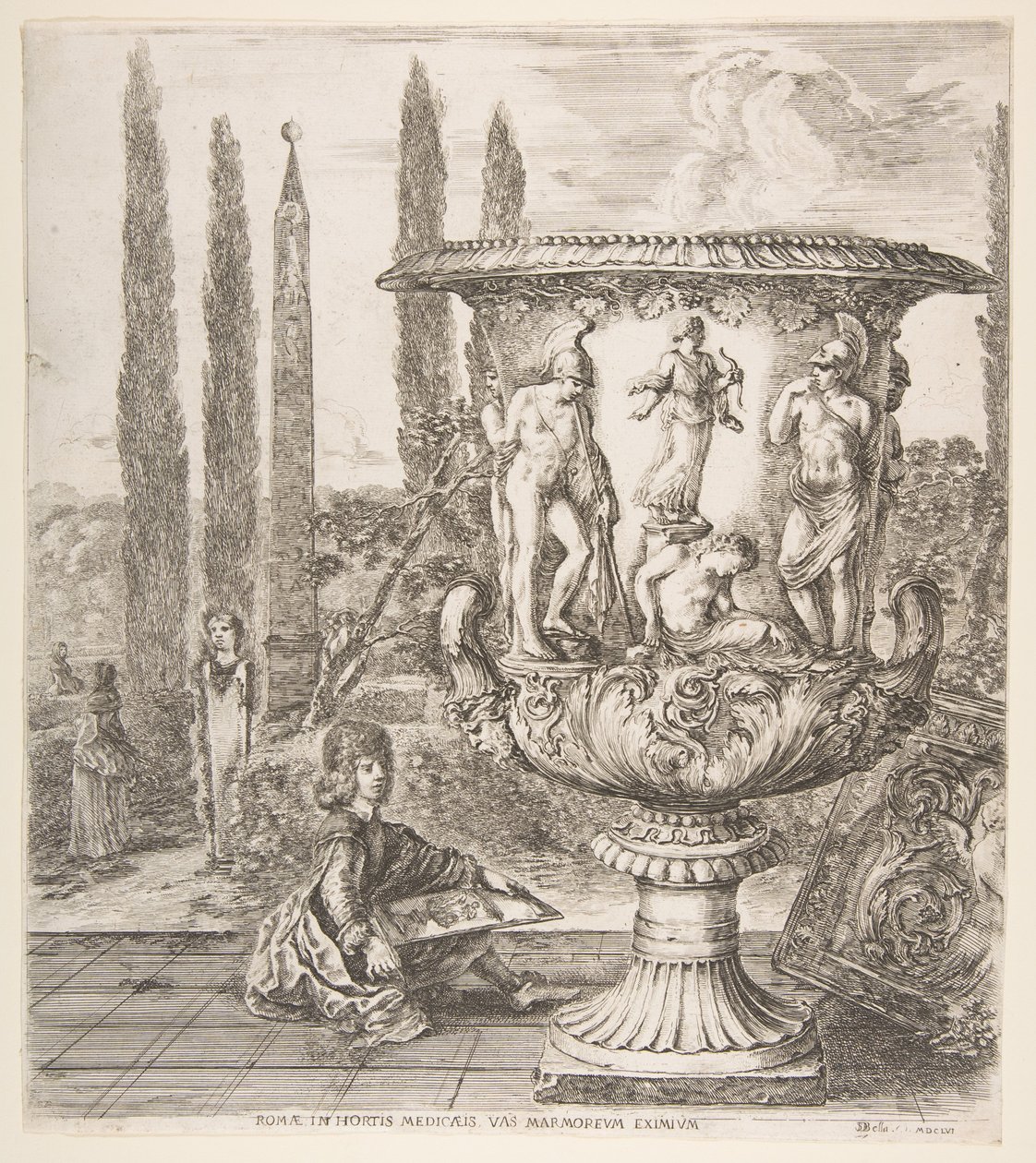 O vaso Medici, um vaso grande à direita, decorado com uma representação do sacrifício de ..., 1656. de Stefano della Bella