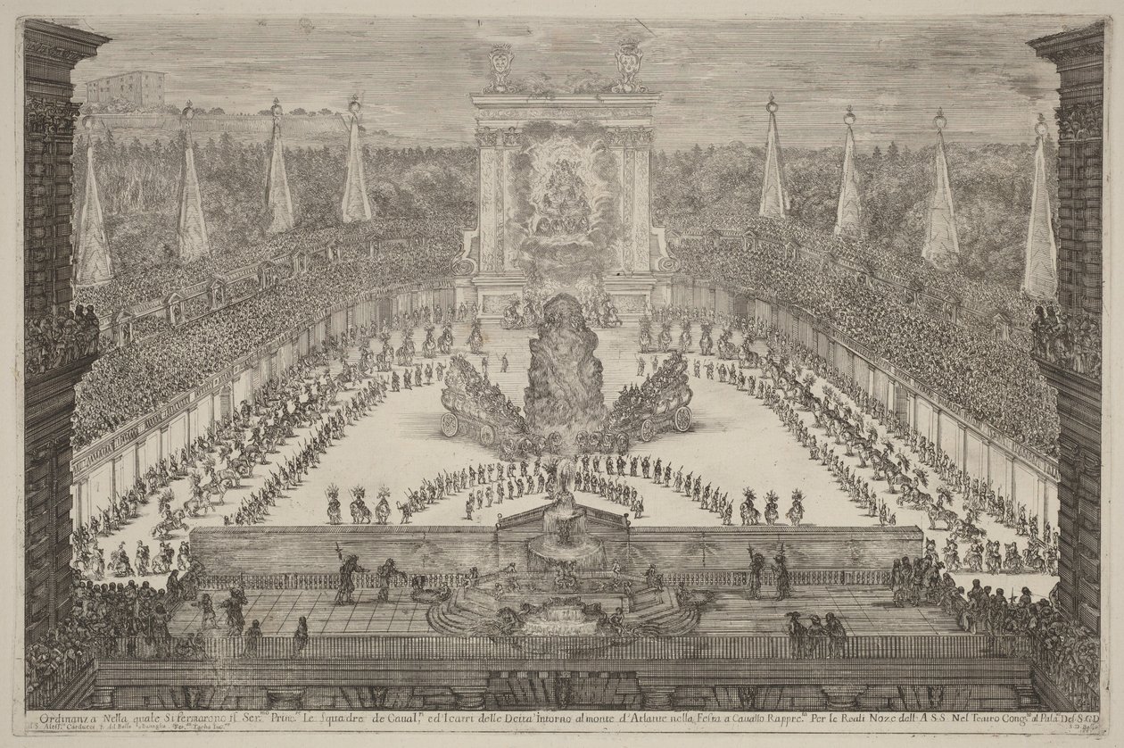 O Príncipe da Toscana, as suas tropas a cavalo e as suas carruagens à volta do Monte Atlas de Stefano della Bella