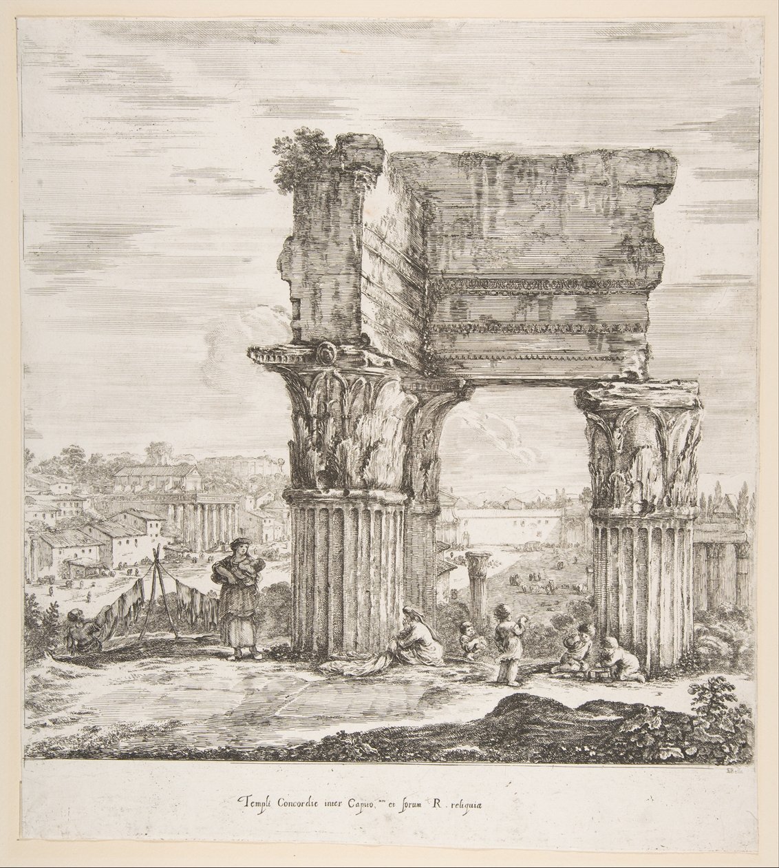 O Templo de Vespasiano e o Fórum Romano, de seis grandes vistas, quatro de Roma e duas ..., 1656. de Stefano della Bella
