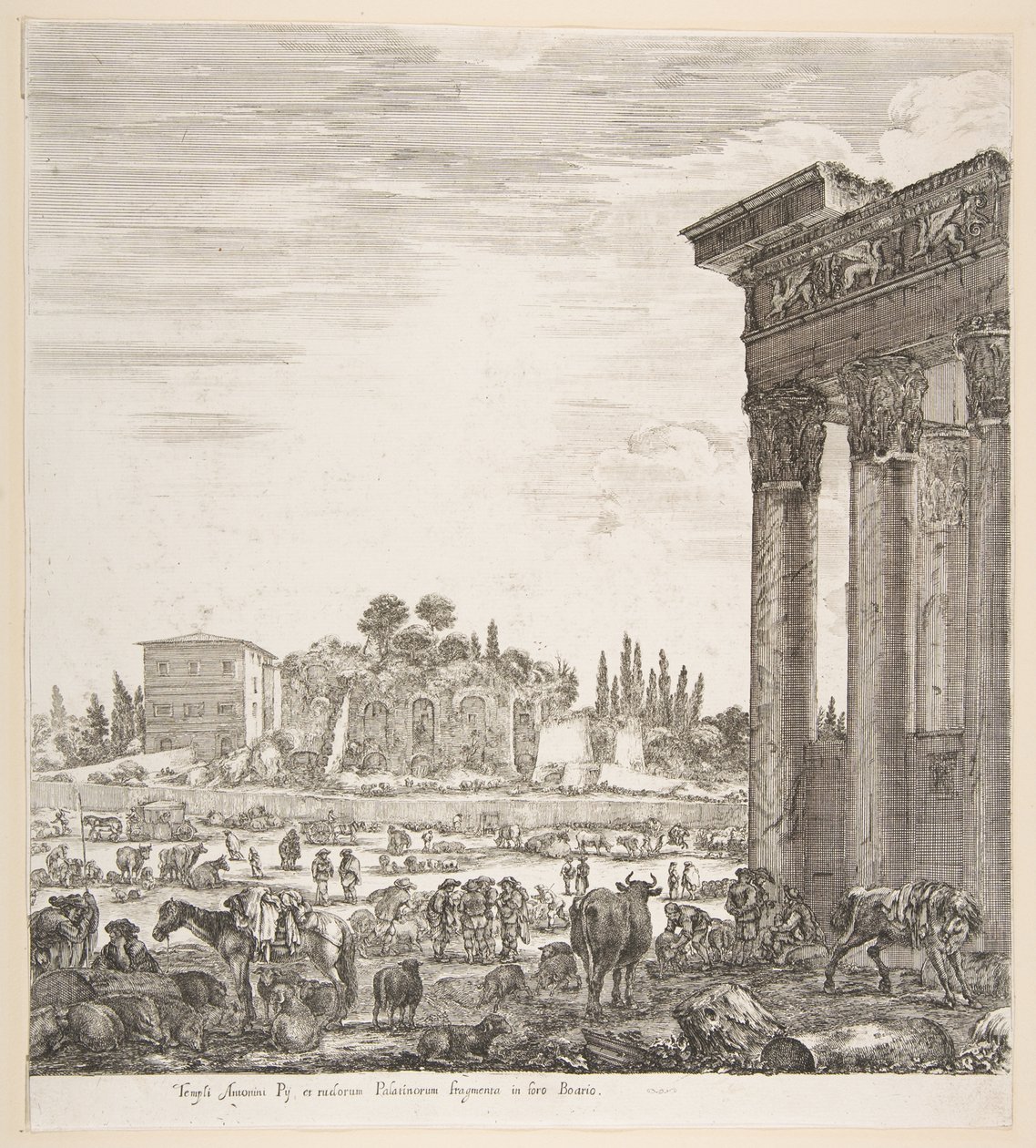 As colunas do templo de Antonino à direita, uma parte do Campo Vaccino no centro e ..., 1656. de Stefano della Bella