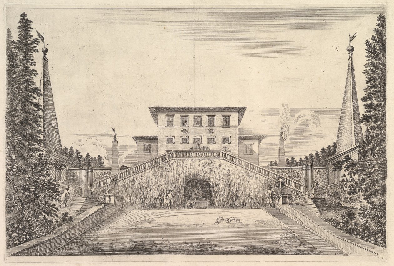 A vila no centro ladeada por quatro obeliscos, uma escada de cada lado, uma estátua em ..., ca. 1653 de Stefano della Bella