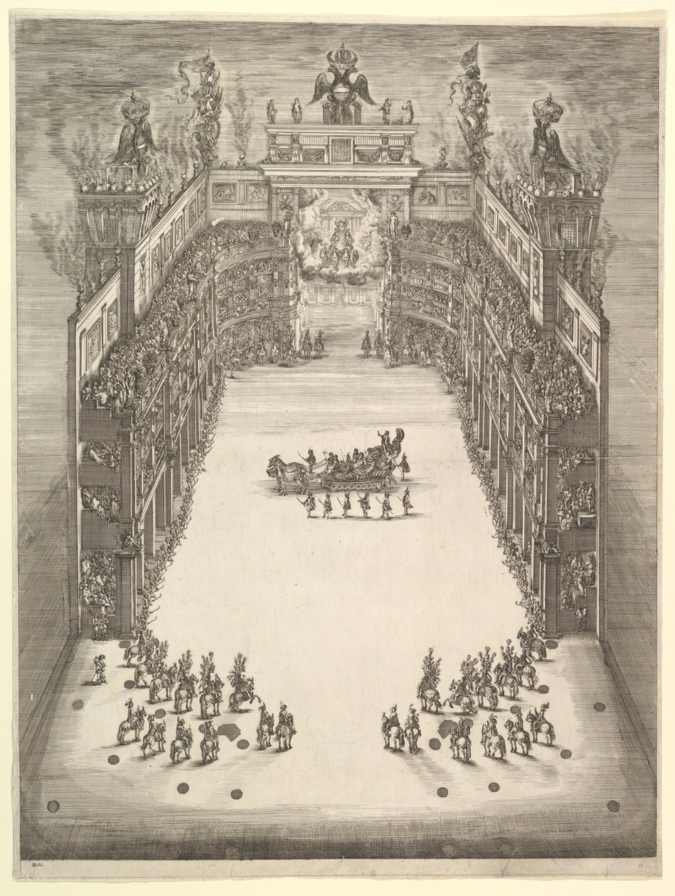 Teatro em Modena, visto de cima e cheio de espectadores, com um carro triunfal no cen ..., 1652. de Stefano della Bella