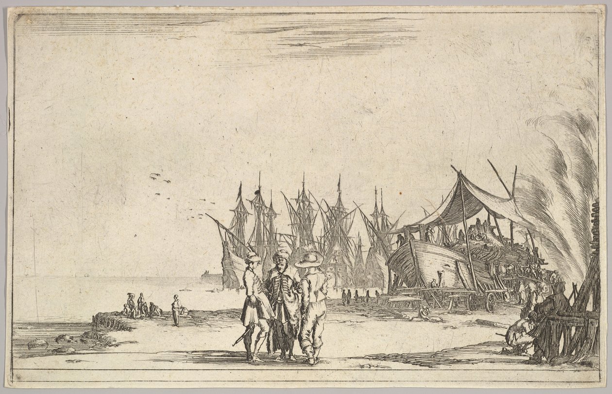 Três homens usando chapéus em pé no centro, homens consertando um navio para a direita, cinco navios e vari ..., 1639. de Stefano della Bella