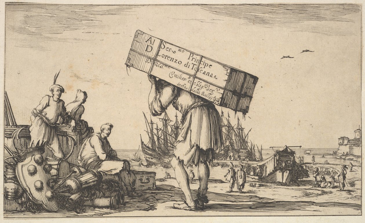 Página de rosto: um homem carregando uma caixa nas costas no centro, três homens olhando para ele em ..., 1639. de Stefano della Bella