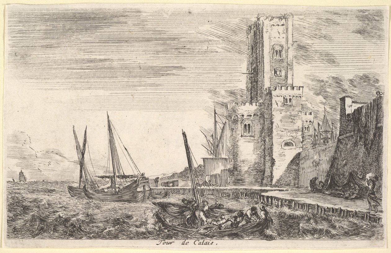 Torre de Calais Tour de Calais, torre para a direita, dois navios no mar para a esquerda e em cent ..., 1647. de Stefano della Bella