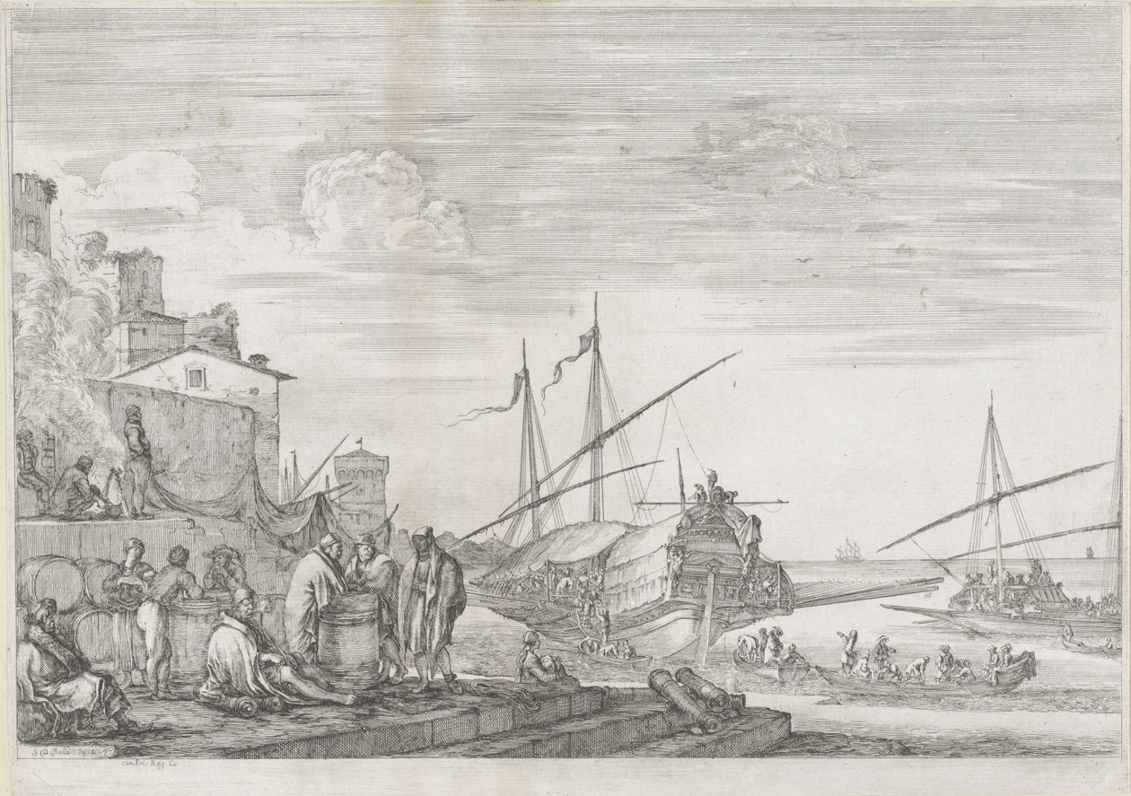 Dois navios de galera no porto de Livorno Porto de Livorno (título da série) Vues de port de Livourne (título da série) de Stefano della Bella