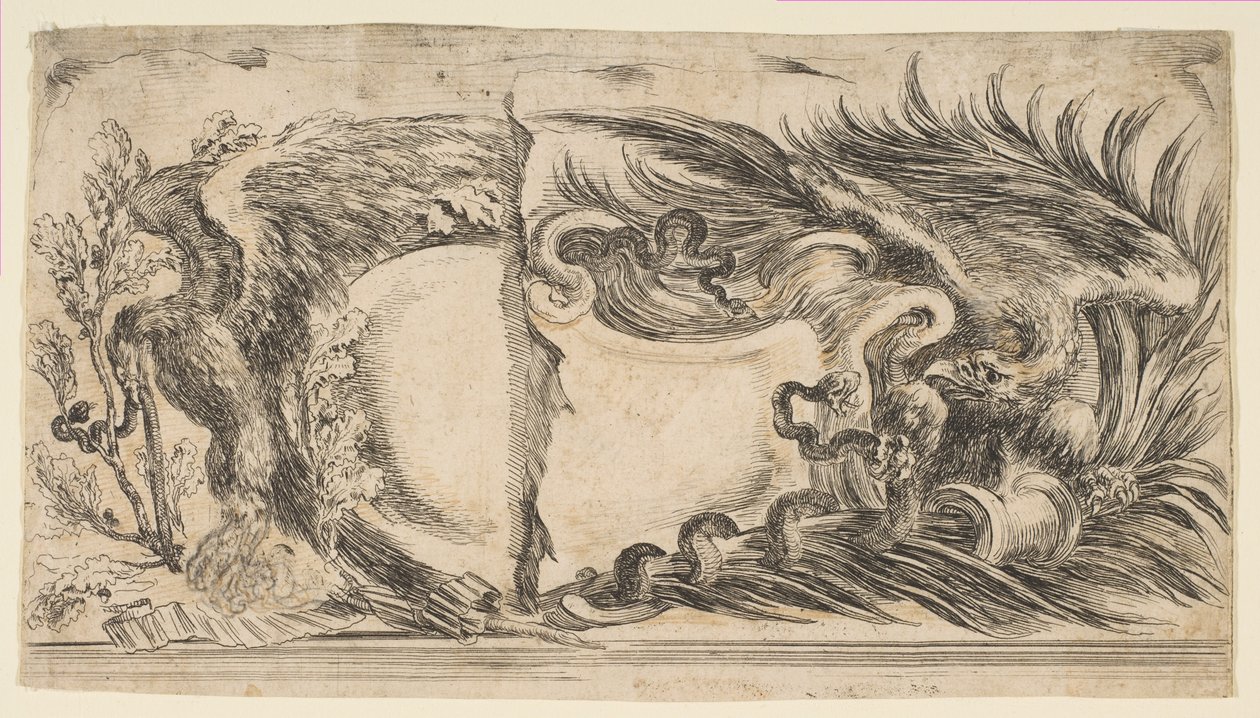 Duas metades diferentes de cartelas, cada uma mostrando uma águia lutando com uma serpente, 1646. de Stefano della Bella