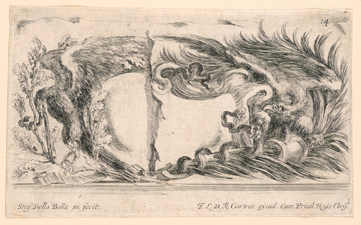 Duas Metades de Escudos, No. 14 de "Raccolta di varii cappriccii et nove inveni di cartelle et ornamenti" de Stefano della Bella