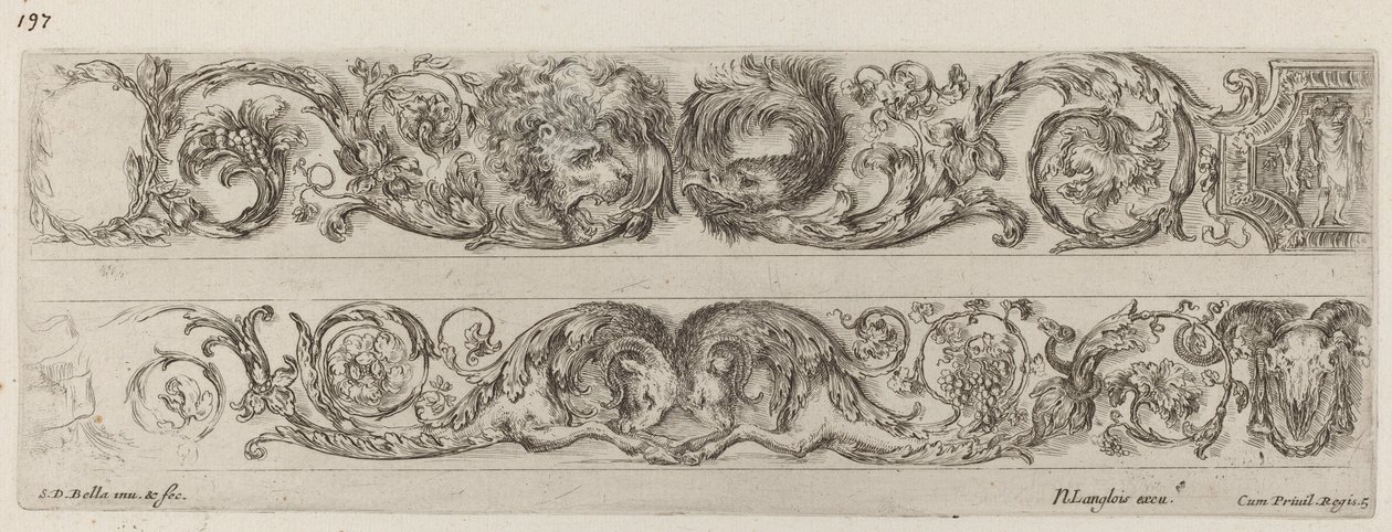 Duas Faixas Ornamentais com Cabeças de Leão e Águia, e Dois Carneiros, provavelmente 1648. de Stefano della Bella