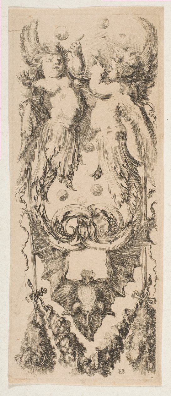Duas crianças aladas com corpos se transformando em enfeites de bolhas, ca. 1653. de Stefano della Bella