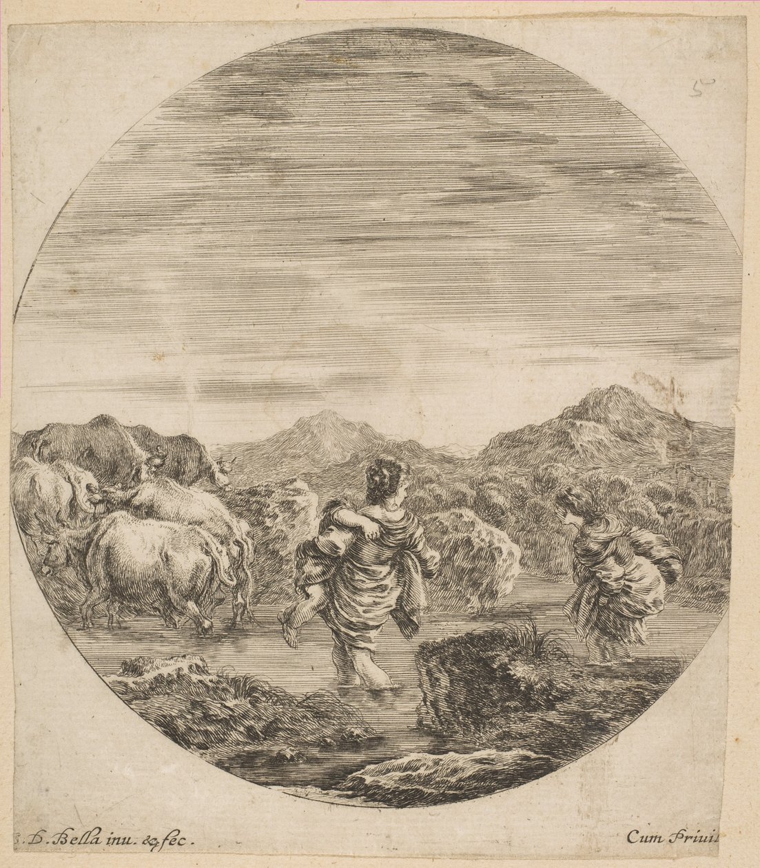 Duas mulheres atravessando um riacho, ca. 1646 de Stefano della Bella