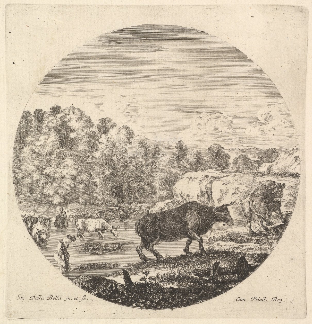 Duas vacas no centro, seguidas por duas camponesas e outras vacas no rio para le..., ca. 1643-48. de Stefano della Bella
