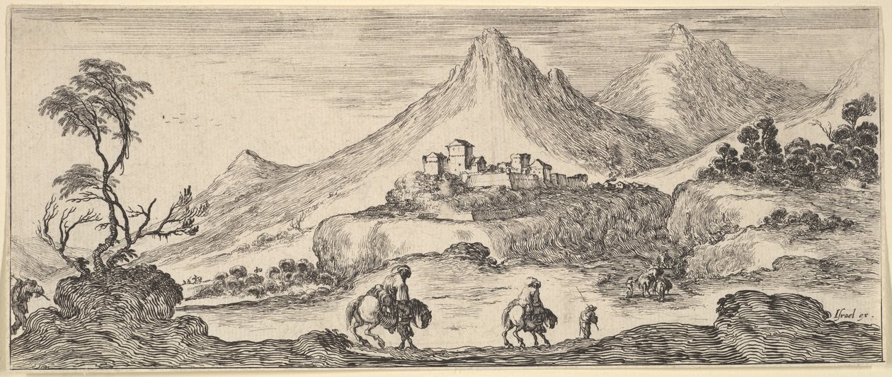 Dois cavaleiros descem uma colina no centro, seguindo outro homem a pé, um castelo no ..., ca. 1641 de Stefano della Bella