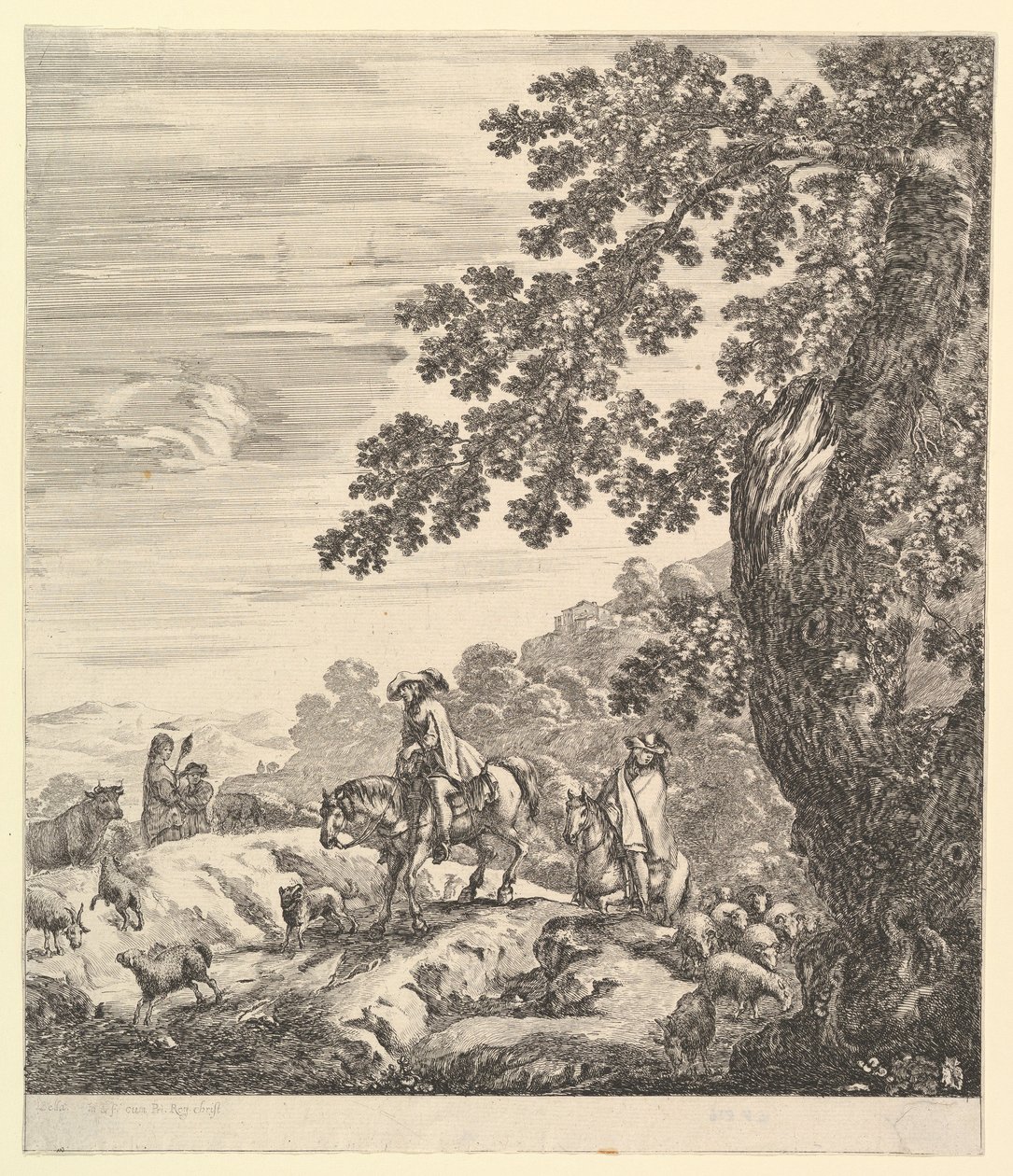 Dois cavaleiros passam um rebanho, cavalgando para a esquerda, uma camponesa e um menino para..., ca. 1656. de Stefano della Bella